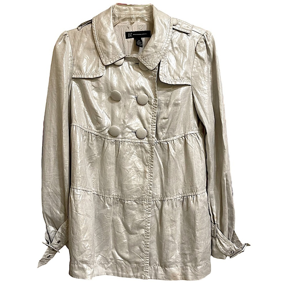INC International Concepts Champagne Metallic Linen Tiered Trench Jacket Size S